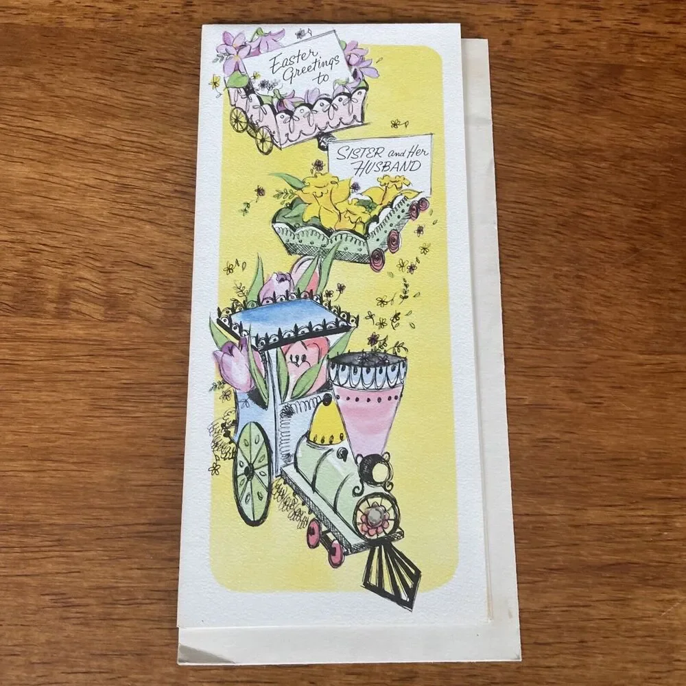 Vtg Stanley Train Rhinestone Spring Pastel Happy Easter Greeting Card